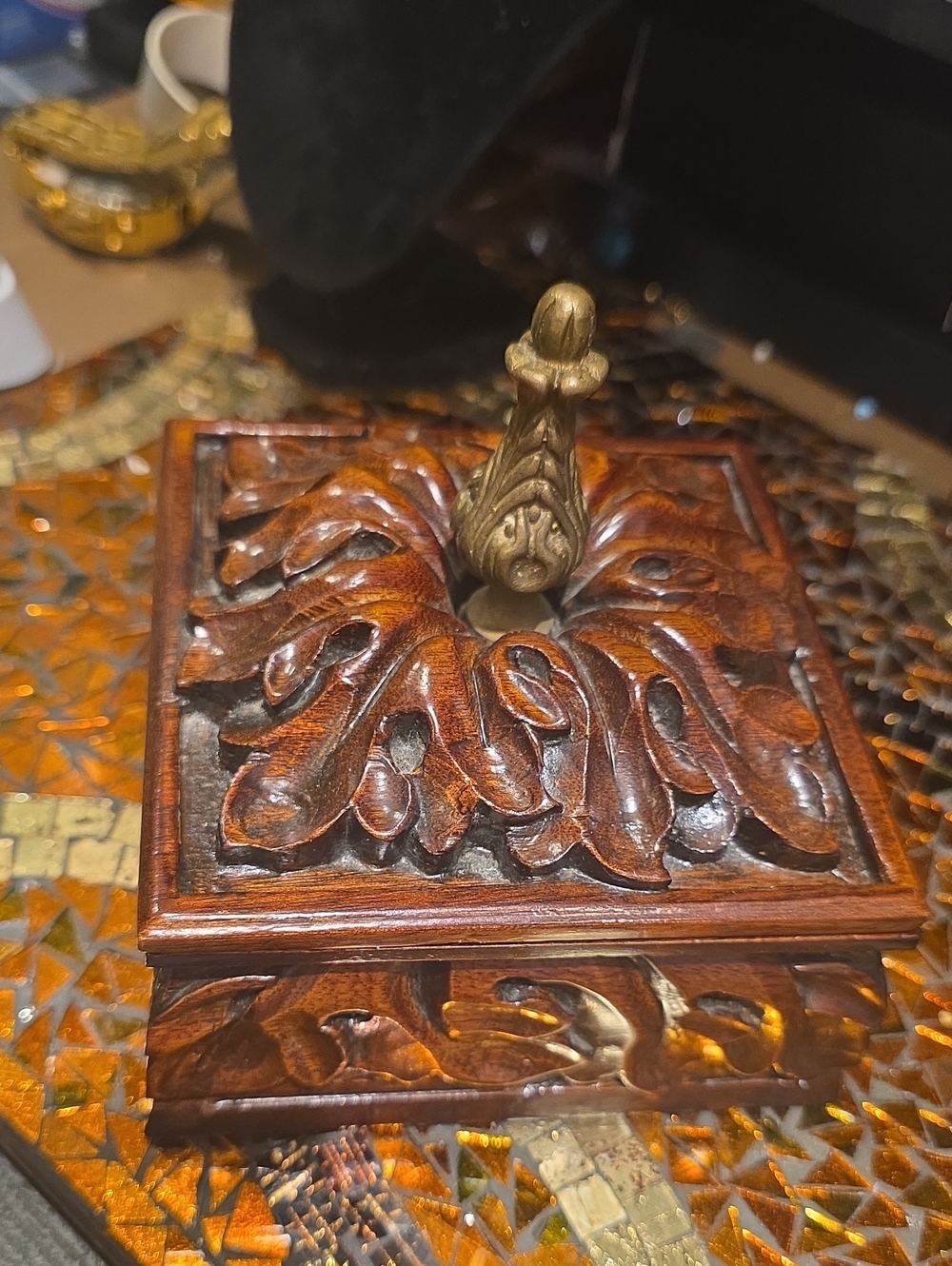Vintage Brown Carved Wooden Box with Gold Finial